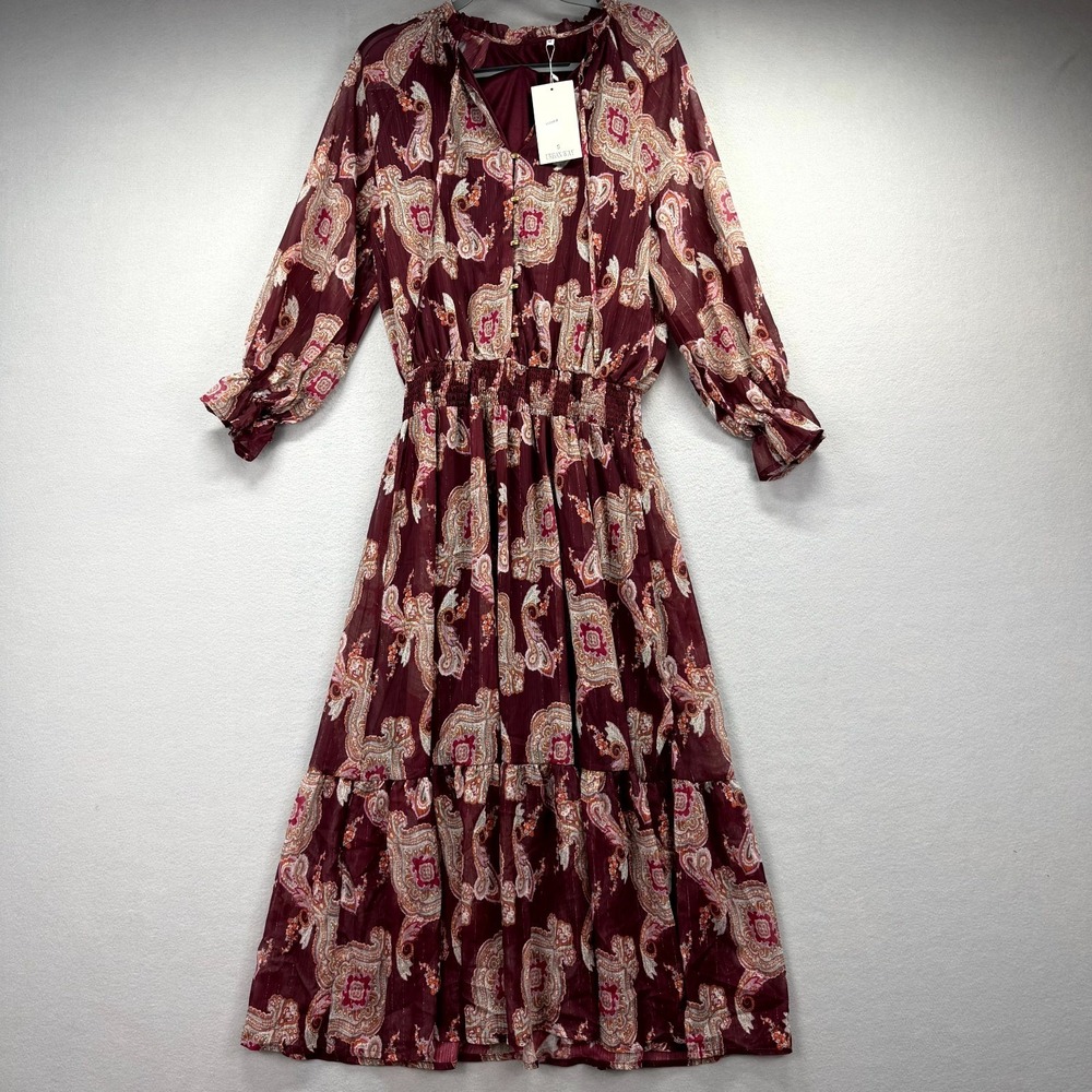 Urban Way Tiered Mini Dress Womens S Multi Paisley Chiffon Long Sleeve Tie Neck